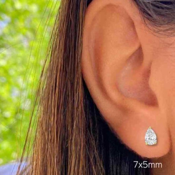 Real 14K Solid White Gold Pear Shaped Pushback Studs with White Stone 5x3mm - Picture 5 of 6